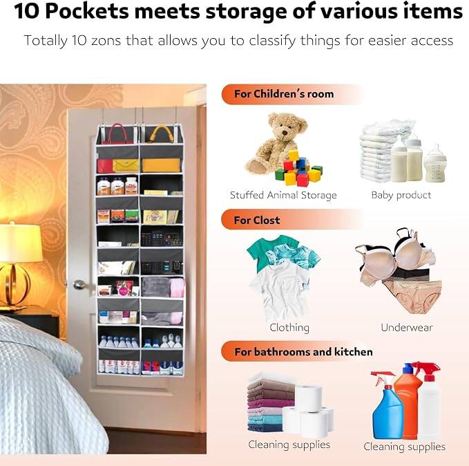 Over the Door Organizer 5 Tiers, Extra Large Behind Door Storage of 10 - Image 5