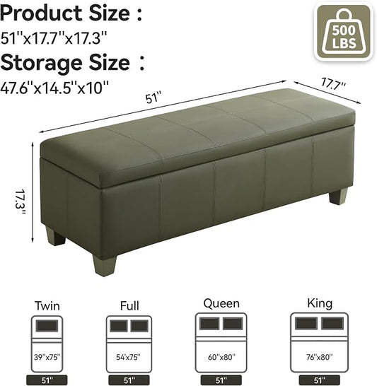 51" Faux Leather Storage Ottoman, Stitch Tufted Rectangle Upholstered End of - Image 2
