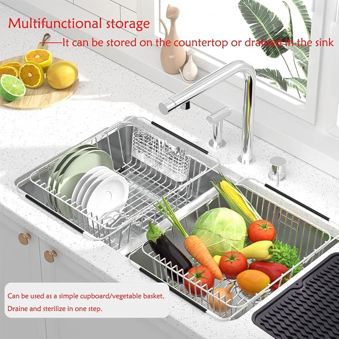 Stainless Steel Dish Drying Rack, Expandable Fruit & Vegetable Drain Rack over - Image 4