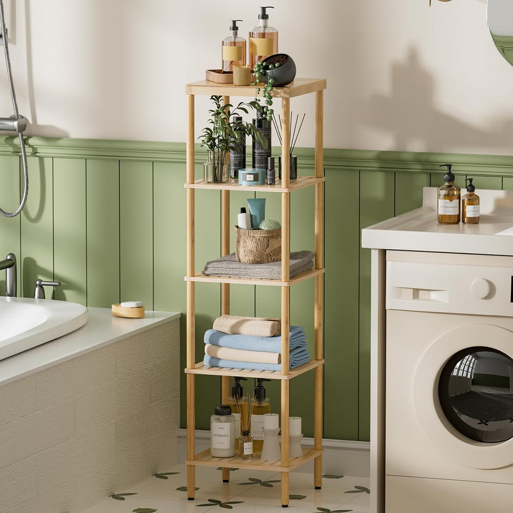 AmazerBath 5-Tier Bamboo Bathroom Shelf, Bathroom Standing Shelves, Multifunc...