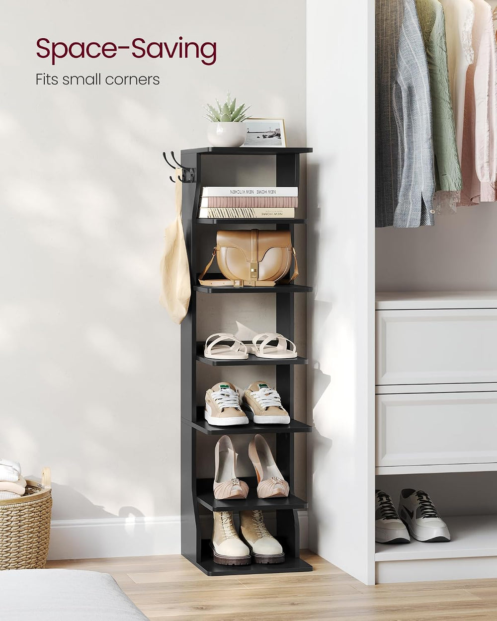 VASAGLE 7-Tier Vertical Shoe Rack, Narrow Shoe Storage Organizer with Hooks