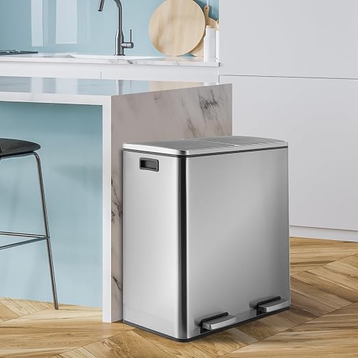 16 Gallon Rectangular Stainless Steel Trash Can, Dual Compartment Garbage Bin - Image 7
