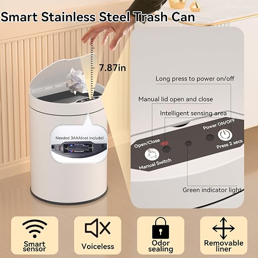 Bathroom Trash Can with Lid 2.6 Gallon Stainless Steel TrashCans Automatic - Image 3