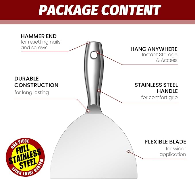 Putty Knife 6 Inch, One Piece Premium Polished All-Stainless Steel Scraper Tool - Image 3