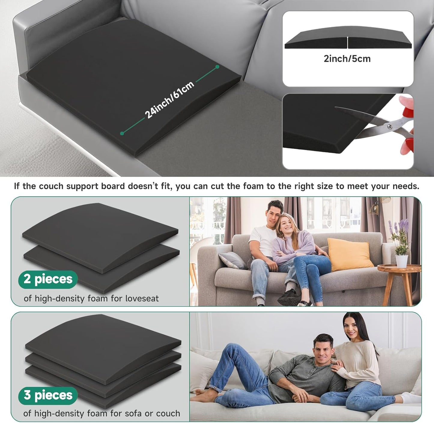 Couch Cushions Support for Sagging Seats, Curved 24" x 24" High-Density Foam Support Board for Under Cushions, Firm Sofa Seat Repair Insert for Sectionals, Loveseats & Chairs，Black 3pcs