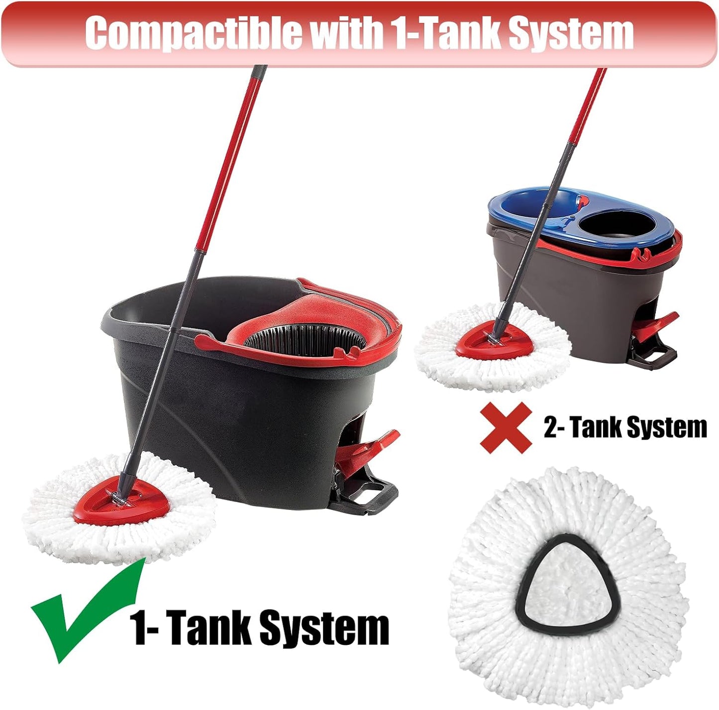 Mop Head Replacement, 3 Pack Spin Mop Refill Replace Head Compatible with O Cedar Easywring 1-Tank System, Great Cleaning Power, Microfiber, Helper Housework, Machine Washable Easy-to-Replace, White