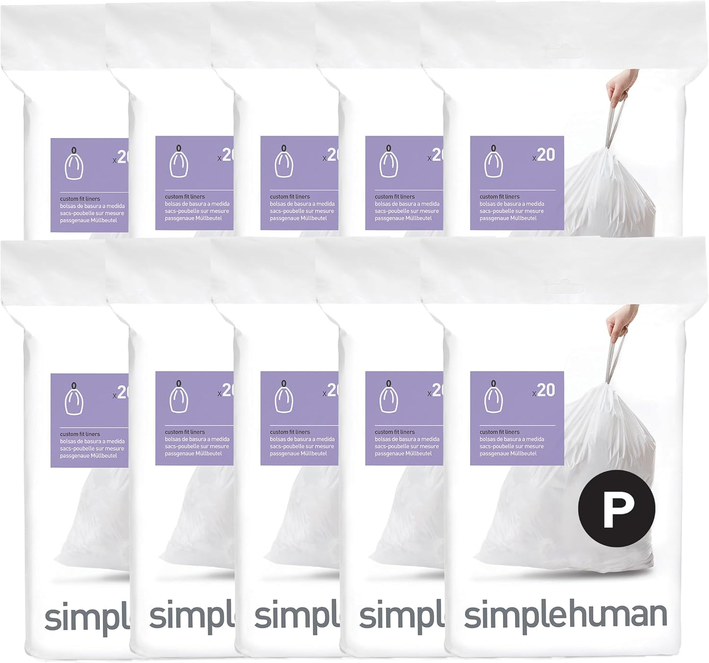 simplehuman Code P 200 Count Custom Fit Liners, Drawstring Kitchen Trash Bags, One-by-One Mess-Free Dispense, Extra Thick & Double Seamed, 50% PCR Plastic, 50-60 Liter / 13-16 Gallon, White