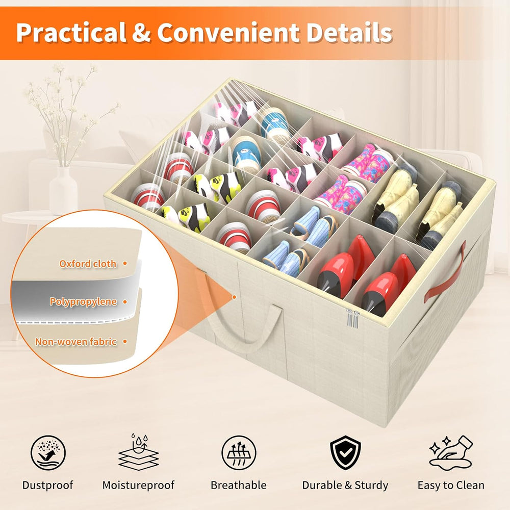 Aokeyee 2 Pack Shoe Organizer for Closet, Large Shoe Storage Box, Beige