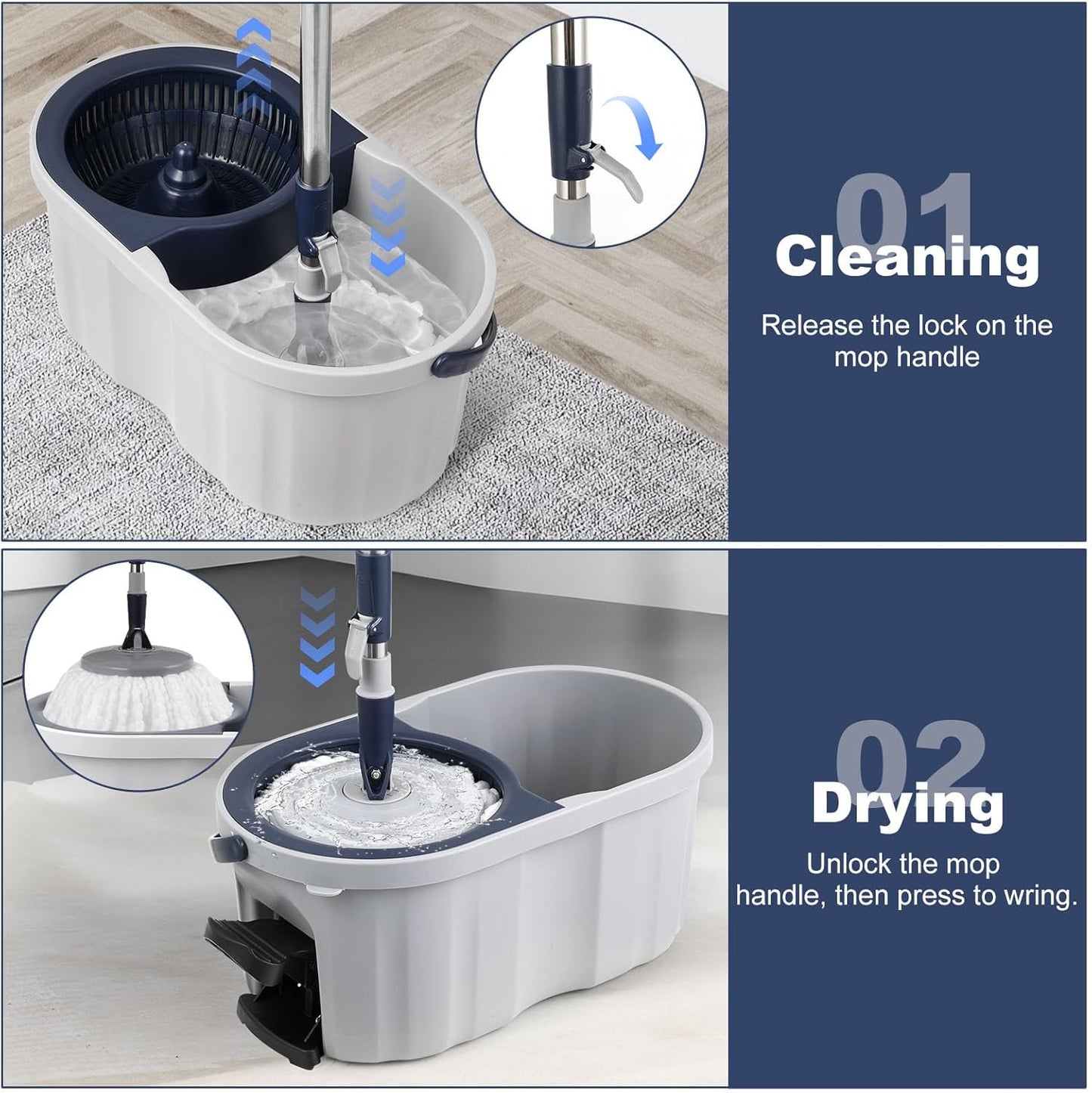 Spin Mop and Bucket Set 180° Swivel Mop Head Adjustable Telescopic Handle Dual Chamber Bucket 3 Refills Dual-Action Wringing Hand-Press Foot-Peda Hands-Free Self-Cleaning System for All Floor Types