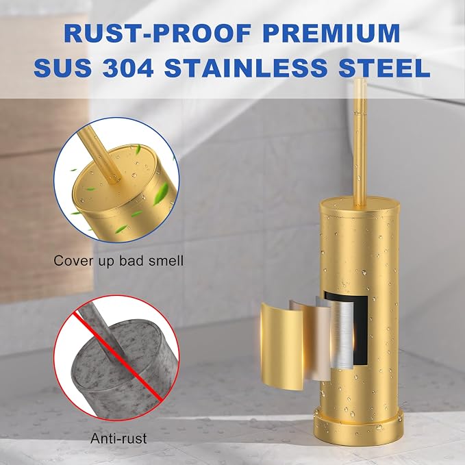 Toilet Brush and Holder Set: 304 Stainless Steel Brushed Gold Toilet Bowl Brush - Image 2