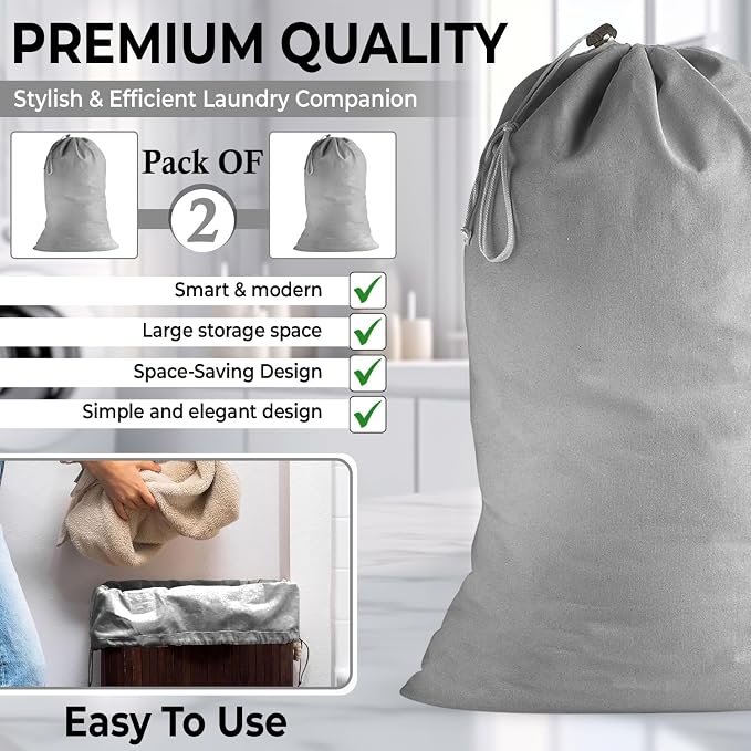 2 Pack - Extra Large Cotton Laundry Bag, Heavy Duty Large Laundry Bags 24 x 36 - Image 2