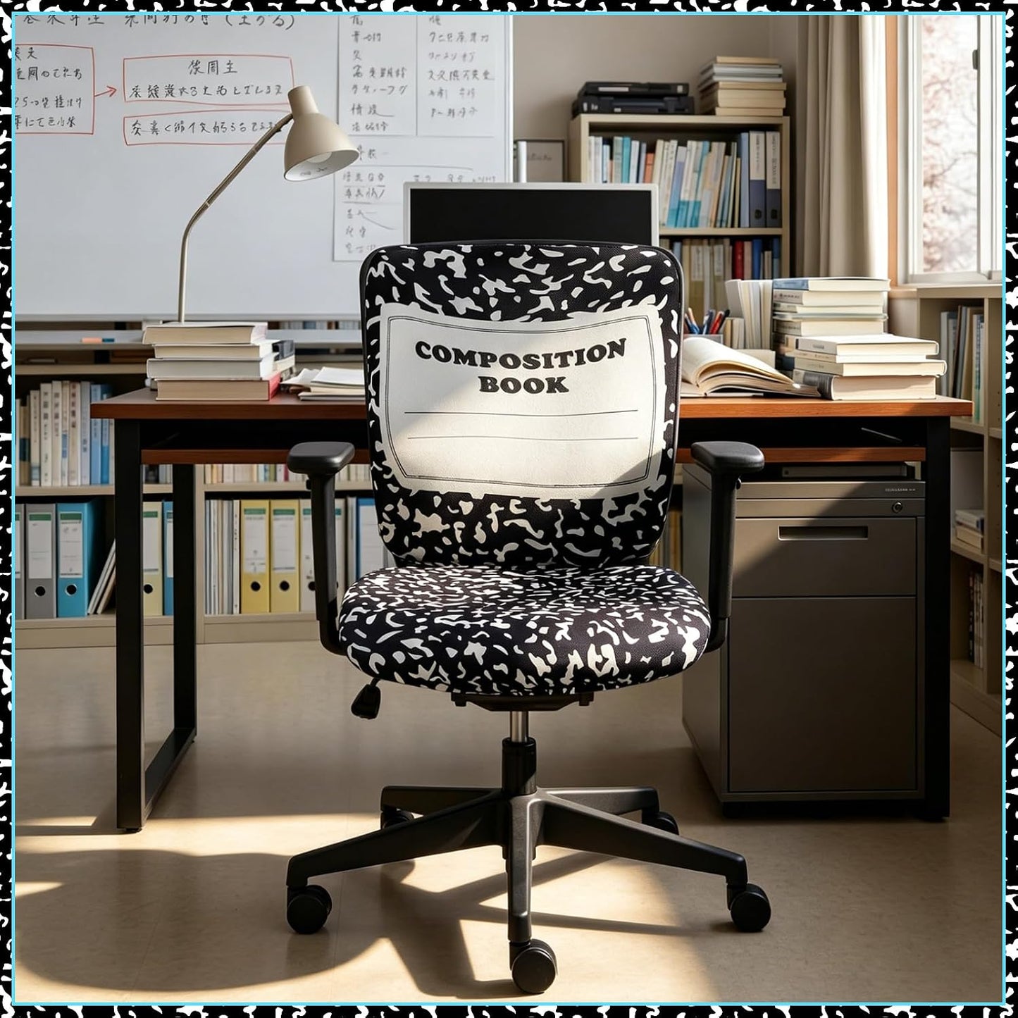 Chumia Composition Notebook Classroom Decor Teacher Office Chair Slipcover Teacher Black and White Composition Cover for Office Classroom Chair Protective Stretch Decorative Fabric Cover Standard Size