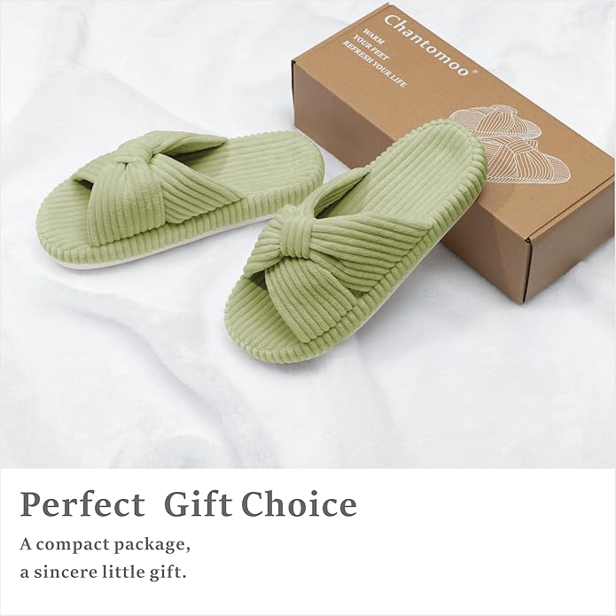 Chantomoo Slippers for Women Memory Foam House Bedroom Corduroy Bow Crossbands - Image 4