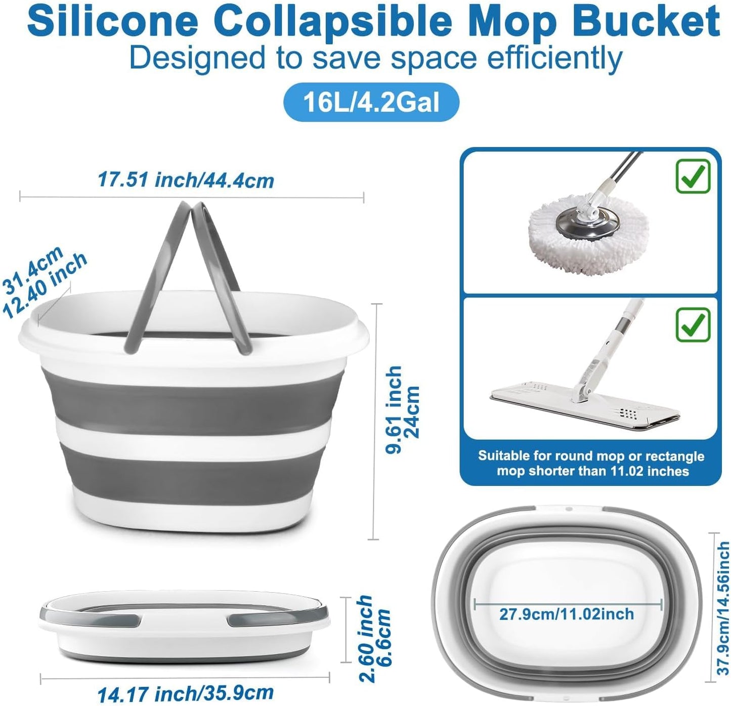 Collapsible Mop Bucket with Handle for Cleaning, 16L(4.2 Gallon) Silicone Square Mopping Bucket for Windows Cleaning or Car Washing, Cleaning Supplies Organizer Plastic Bucket for Storage