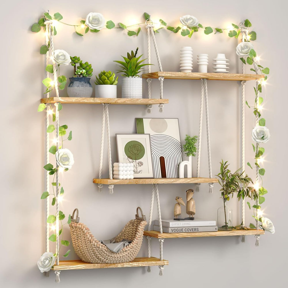 Hanging Shelves for Wall,Macrame Hanging Plant Shelf with Vine Lights 5 Tier ...
