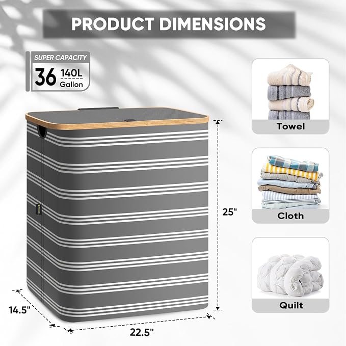 BALEINE Laundry Hamper with Lid, Tall Laundry Baskets with Bamboo Pull Handles - Image 4