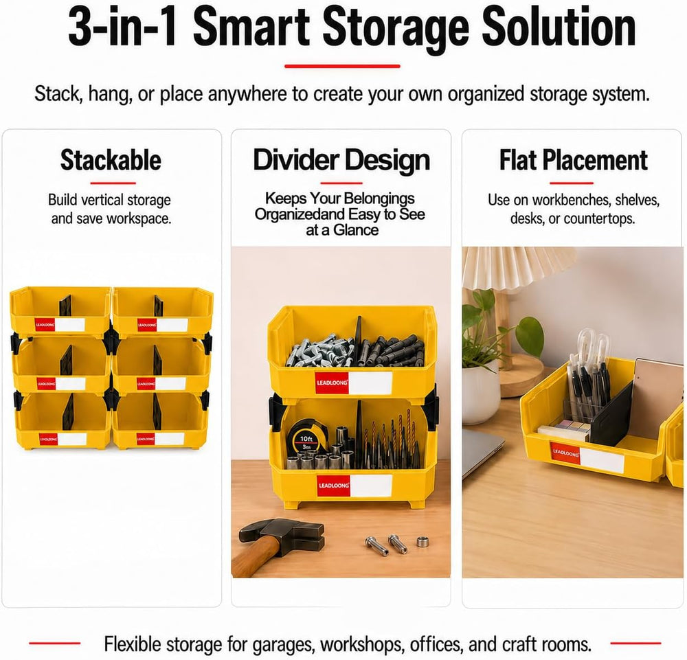 6 Pack Stackable Storage Bins Heavy Duty Parts Organizer Yellow