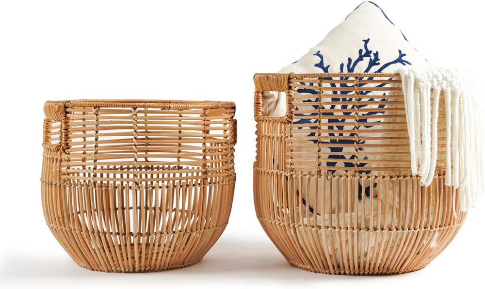 Set Of 2 Large Woven Blanket Baskets With Handles | Round Wicker Rattan Stora...