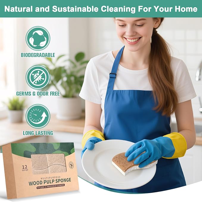 12Pack Natural Kitchen Sponge, Biodegradable Cellulose and Coconut Scrubber - Image 5