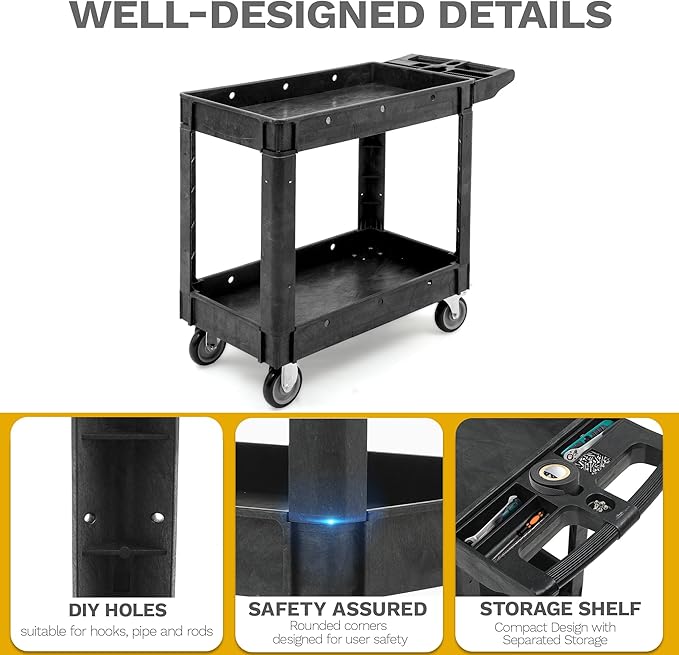 DWVO Utility Cart, 1000 lbs Capacity, 2 Shelf Heavy Duty Plastic Service - Image 5