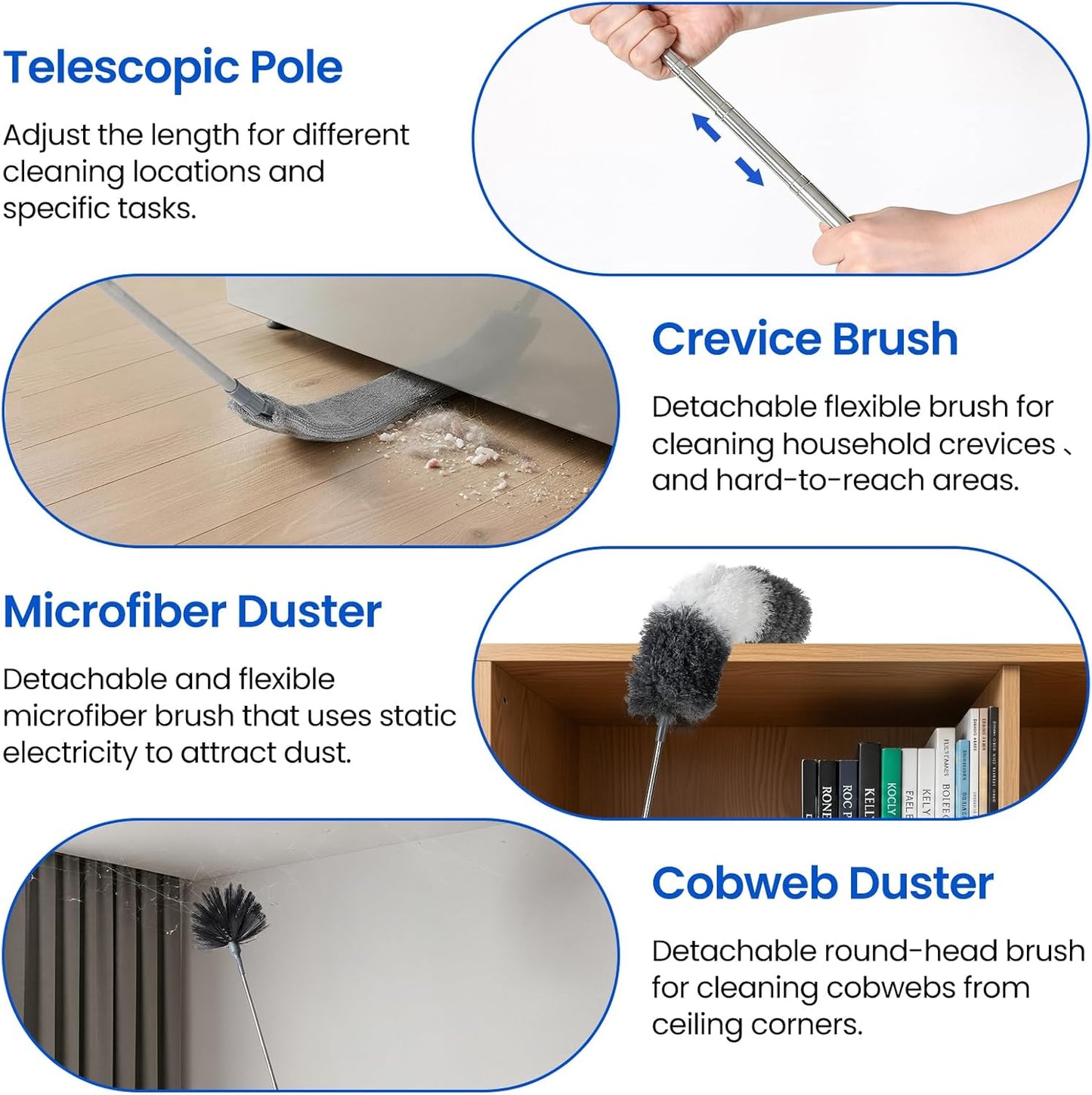 Extra-Long Dusters Kits with Extension Pole, Cobweb Duster, Microfiber Dusting Clothes for Gap, 5 in 1 Cleaning Tools with Extendable Long Handle, Blinds, High Ceilings and Fans, Cars and Furniture