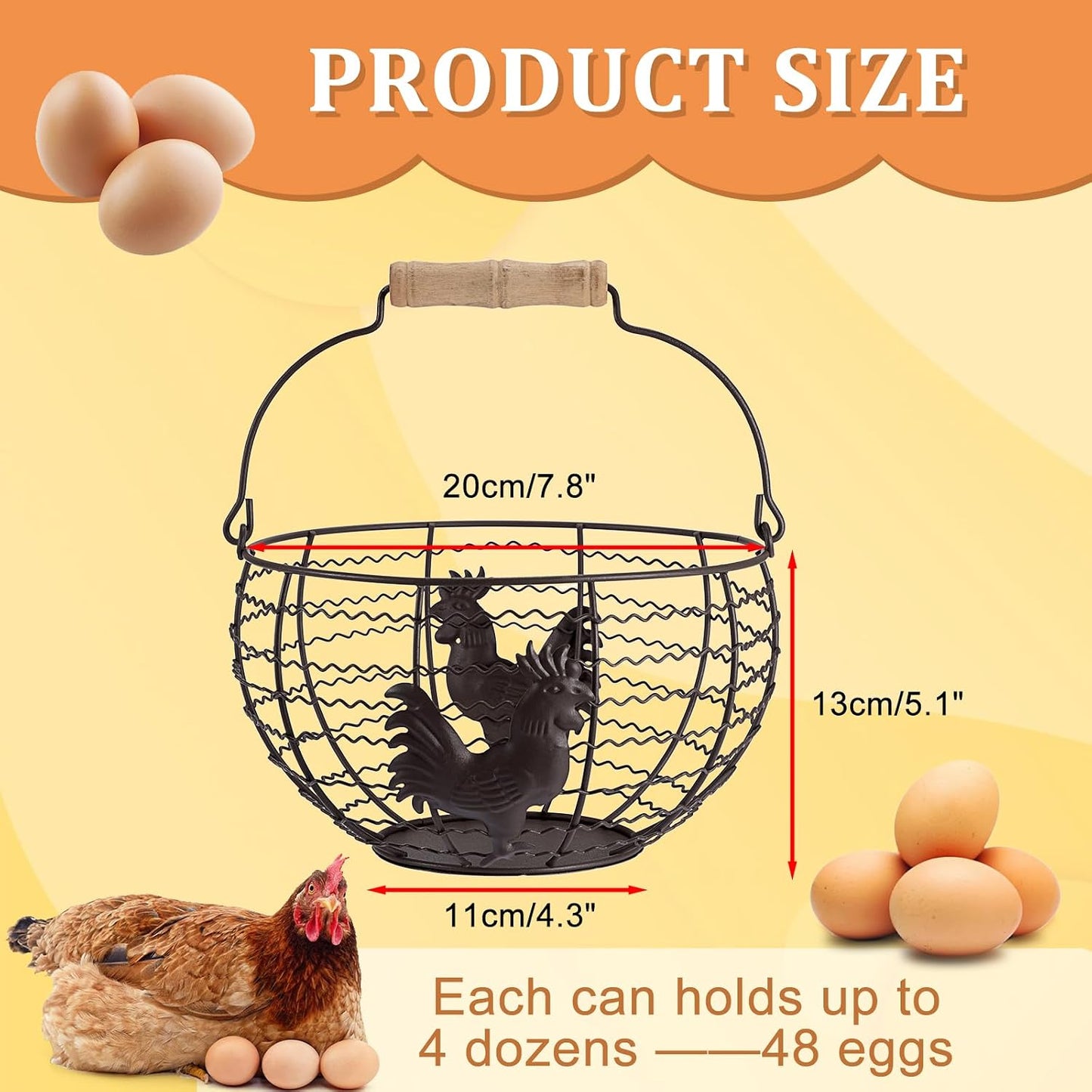 Farmhouse Egg 8'' Basket for Gathering Fresh Eggs, Wire Egg Basket | Chicken Eggs Holder for Countertop Kitchen, Wire Basket with Wood Handle, Vintage Style, Round, Rooster Pattern, Solid Bottom