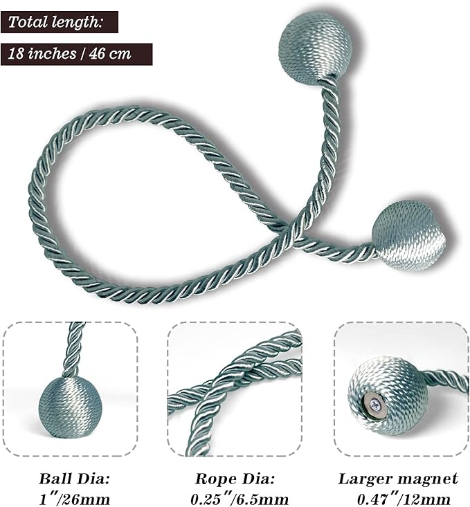 Hion Magnetic Curtain Tiebacks Gray Blue 2 Pack, Curtain Tiebacks Buckles - Image 2