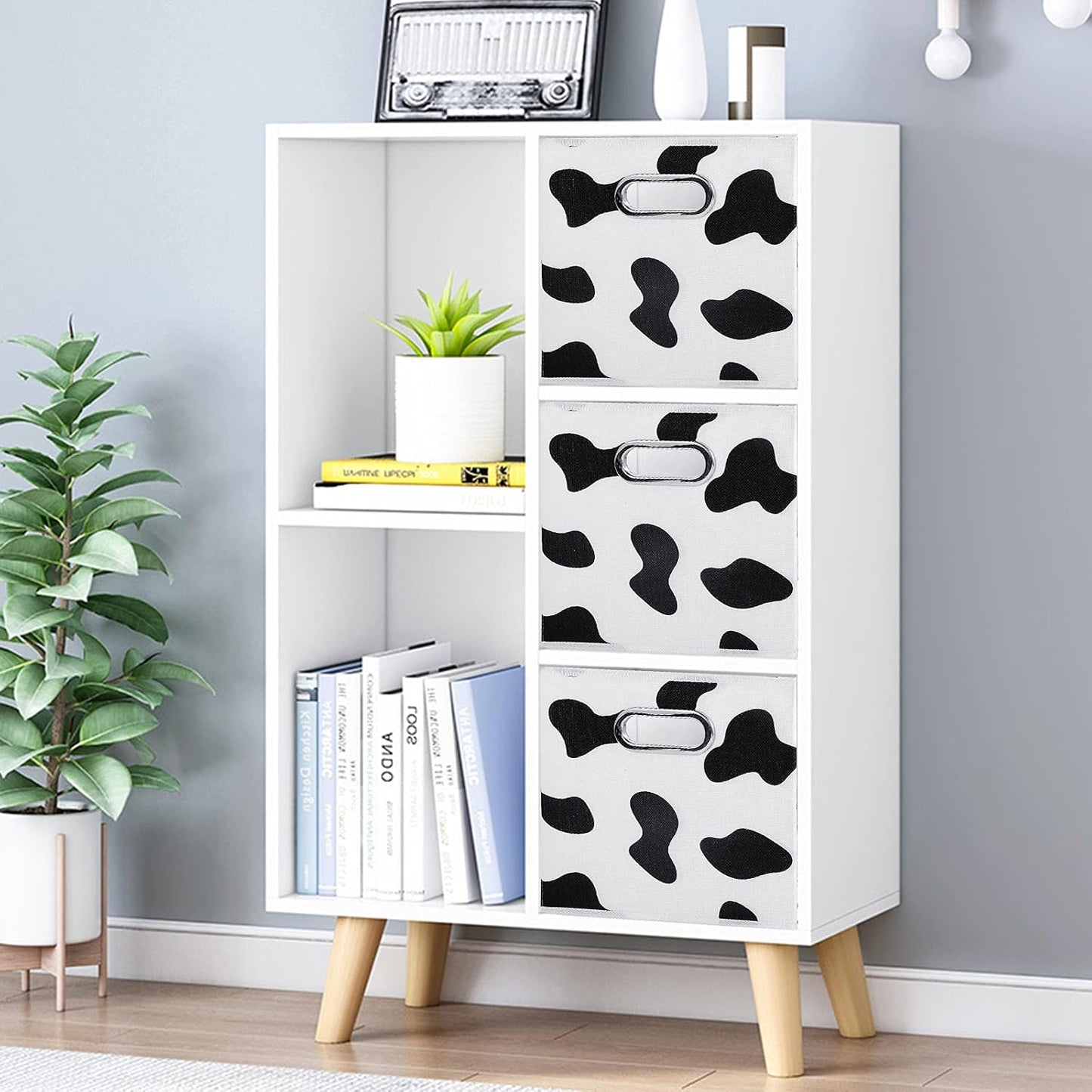 ANMINY Cow Print Cube Storage Bins with Handles, Washable, Collapsible | Cotton Linen Fabric, PP Plastic Board, Animal Print Decor, Storage Basket for Closet Shelf, 11 x 11 x 11 Inch, 8PCS