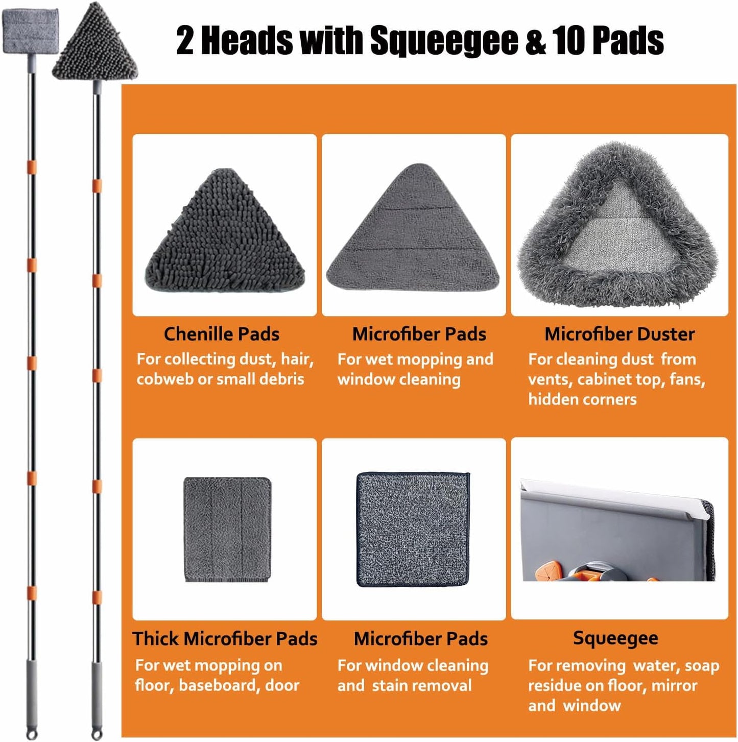 Upgraded Wall Cleaner Mop & Baseboard Cleaning Tool with 98" Long Handle, Duster Mop for Painted Wall, Ceilings, Windows, Floor, 2-in-1 Triangle & Rectangle Head with Squeegee, 10 Washable Pads