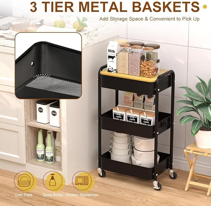 3 Tier Metal Utility Cart, Rolling Storage Cart - Image 5
