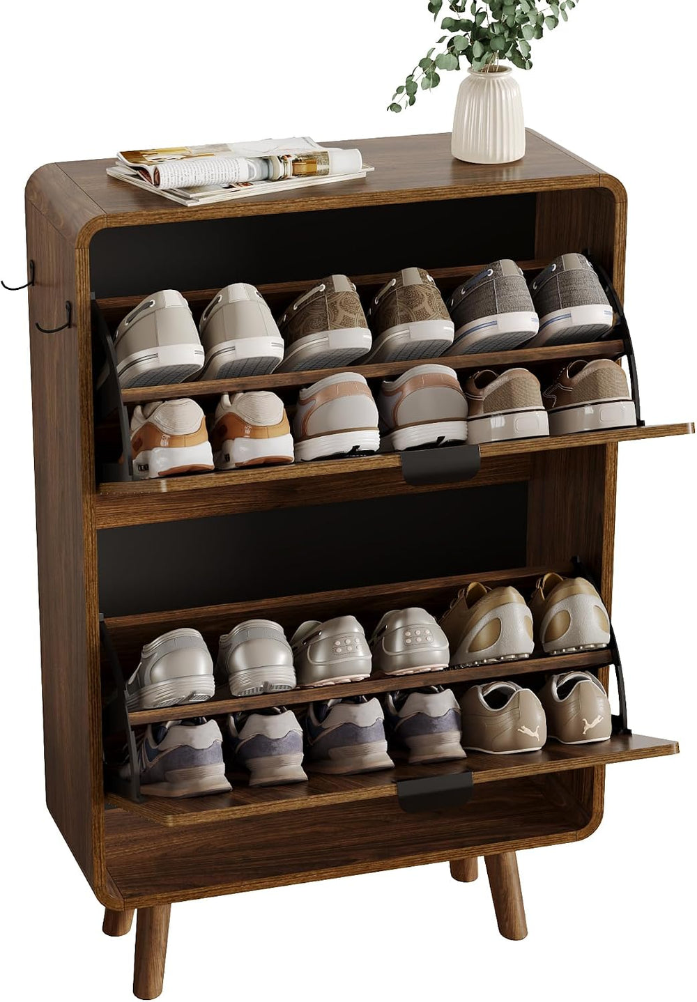 3imothrix Fluted Shoe Cabinet for Entryway with 2 Flip Drawers, Walnut