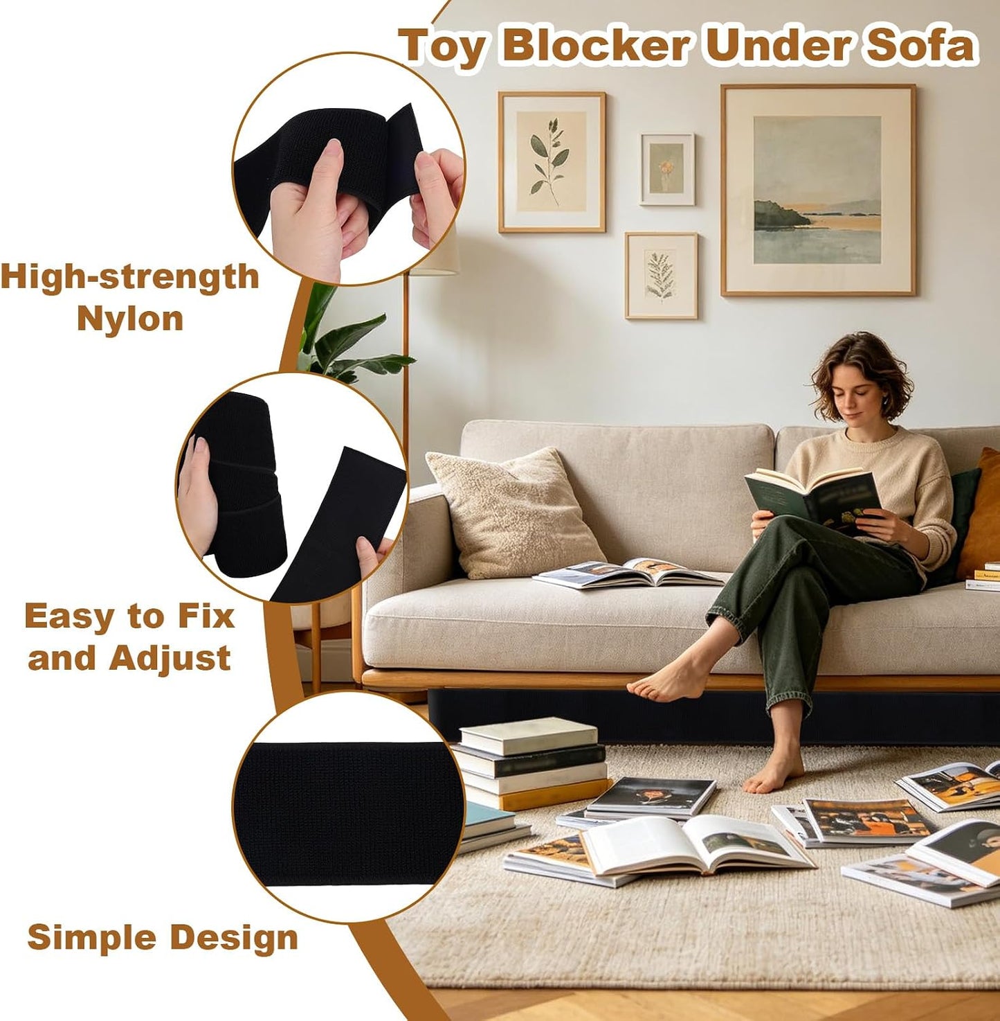 Under Couch Blocker for Pets and Kids Toys, 335x7.5cm/131.89x2.95in Adjustable Elastic Bed Blocker Cat Barrier Dog Couchs Stopper Furniture Gap Filler Protector for Sofa Cabinet