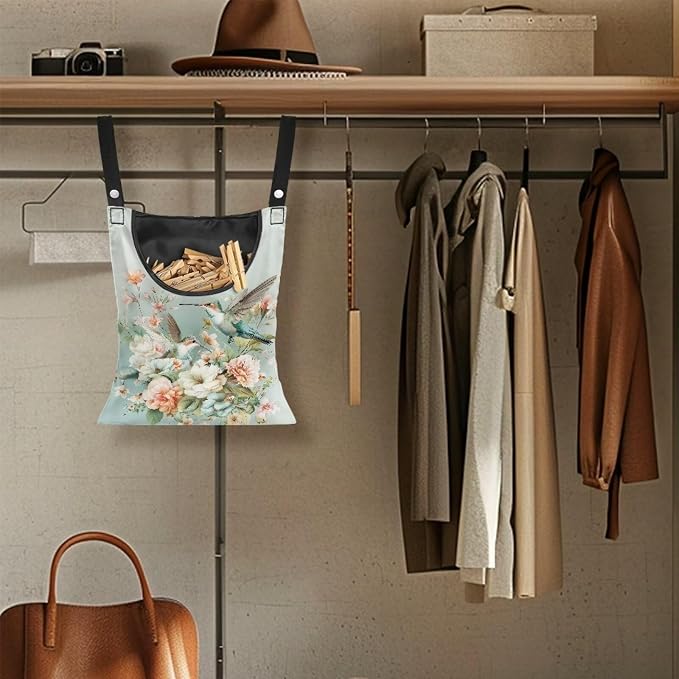 Hummingbird Floral Clothes Pin Bag to Hang On Line Reusable Clothespin Holder - Image 5