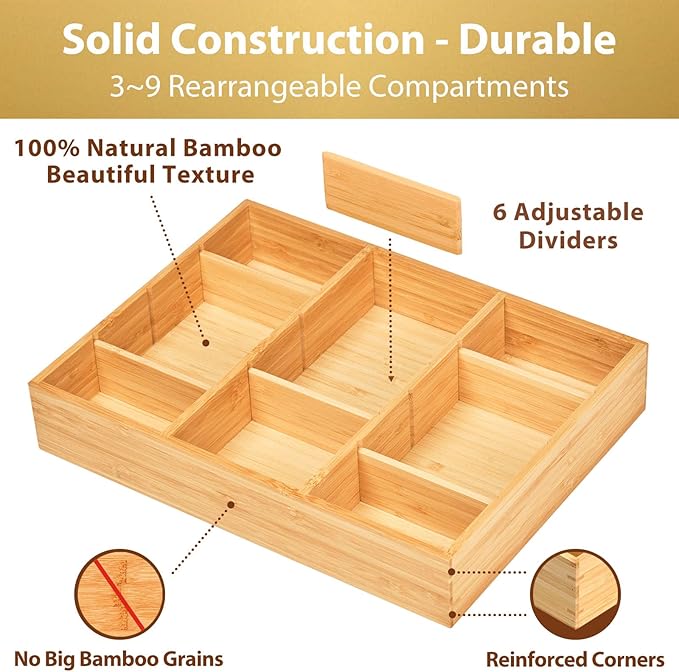 Umilife Desk Drawer Organizer, Bamboo Wood Organizer Tray - Image 2