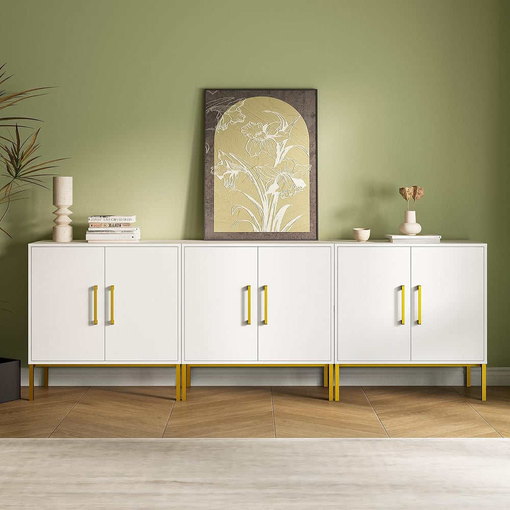 3 Set of Storage Buffet Cabinet with Gold Handles and Metal Legs, White丨Frees...