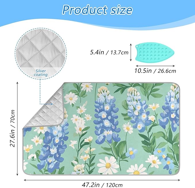 Mint Green Bluebonnet and Daisies Ironing Mat - Image 2