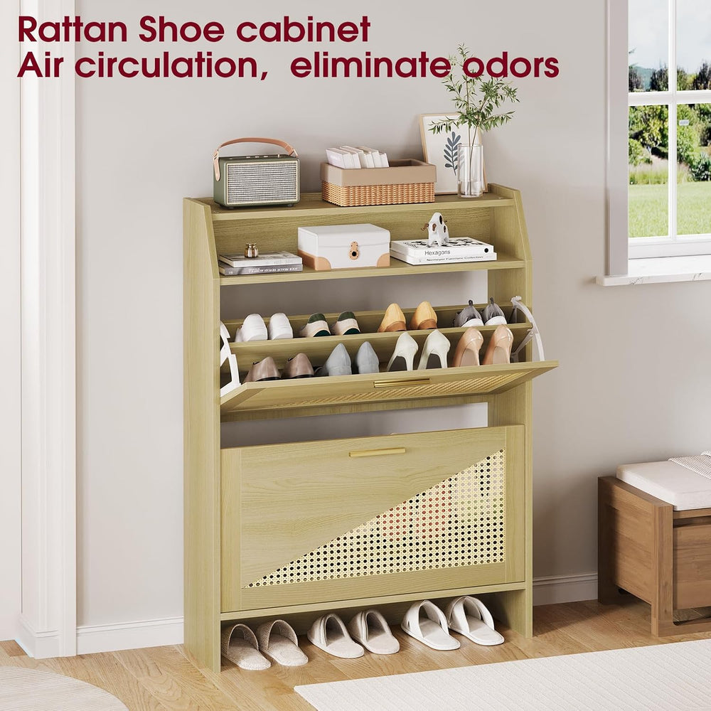 Rattan Shoe Storage Cabinet with 2 Flip Drawers, Wooden Shoe Cabinet with Adj...