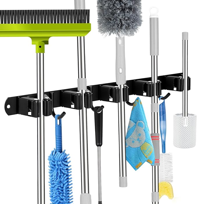 voze 5 Racks and 4 Hooks Mop and Broom Holder Wall Mount, Self Adhesive Heavy - Image 2