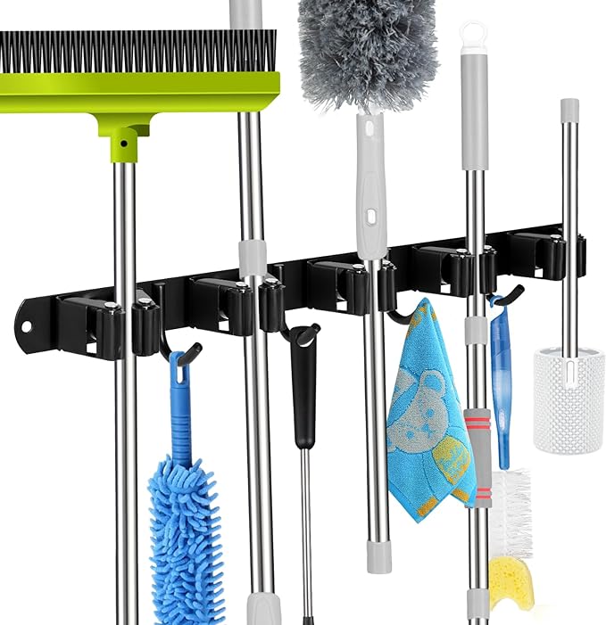 voze 5 Racks and 4 Hooks Mop and Broom Holder Wall Mount, Self Adhesive Heavy by voze