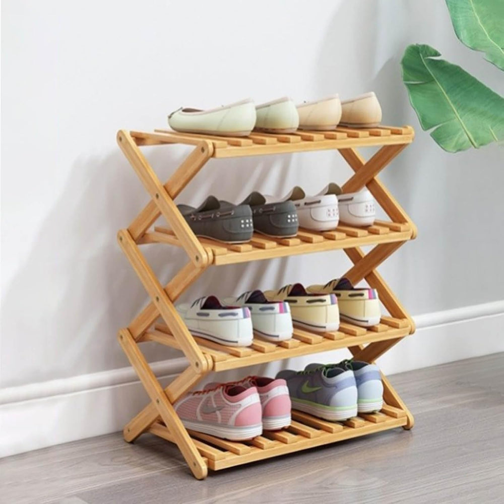 4 Tier Bamboo Shoe Rack,Portable Folding Shoe Storage Rack,Without Installati...
