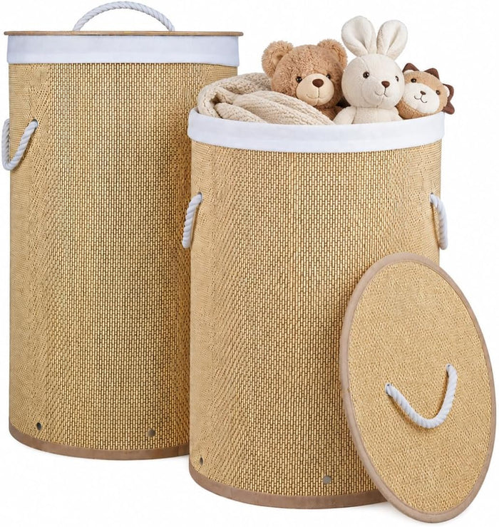 2 Pack Foldable Bamboo Laundry Hamper with Lid, Tall Storage Basket