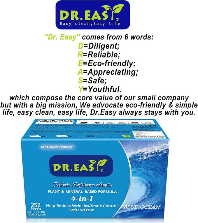 DR.EASY Dryer Sheets Plant Based Formula 252 Ct BLUE OCEAN, Softener sheets - Image 5