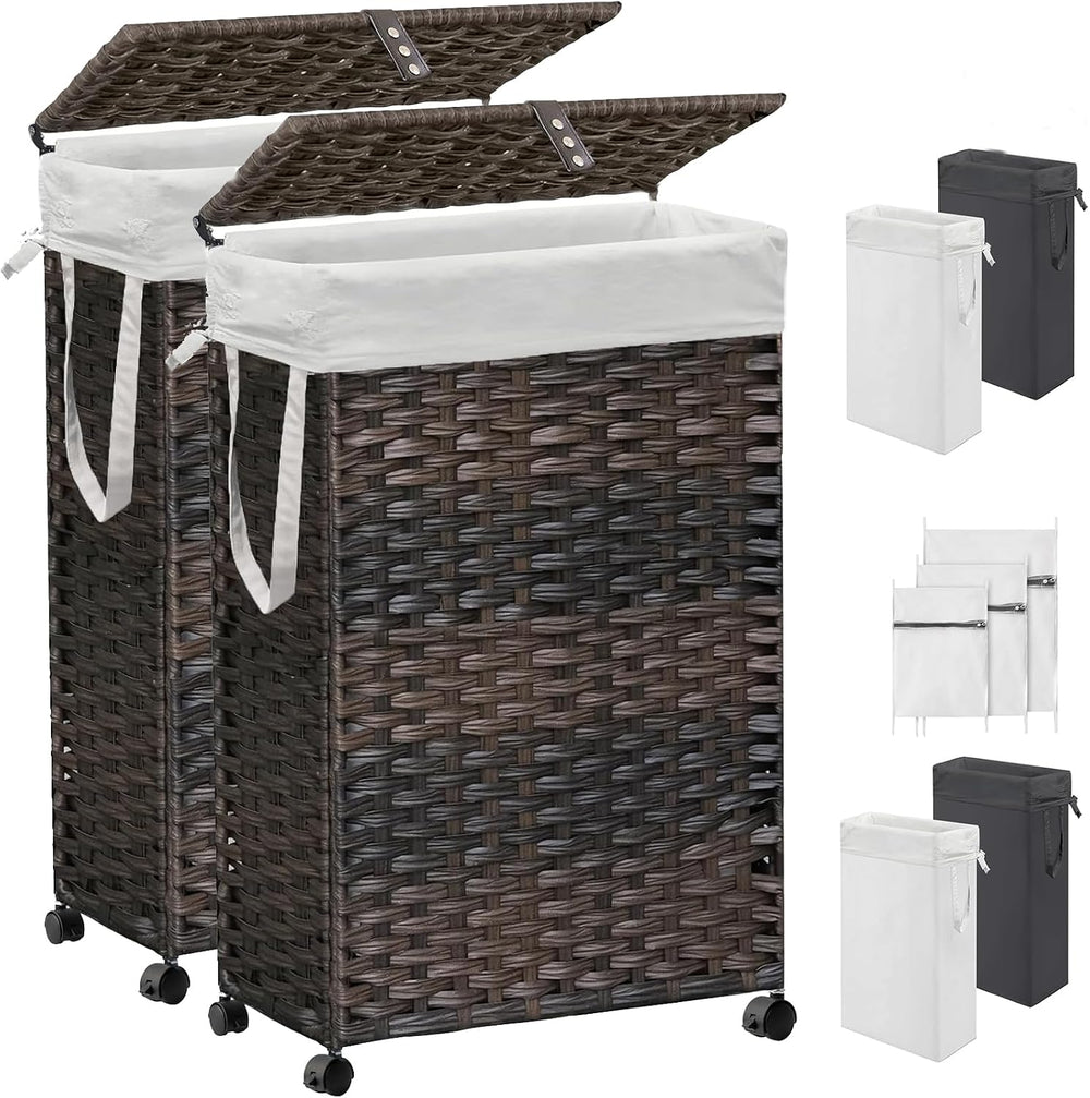 70L Slim Laundry Hamper with Lid & Wheels, 2-Park Rolling Laundry Basket ...