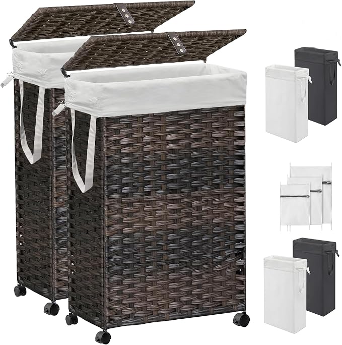 70L Slim Laundry Hamper with Lid & Wheels, 2-Park Rolling Laundry Basket with 4 by Hiagnete