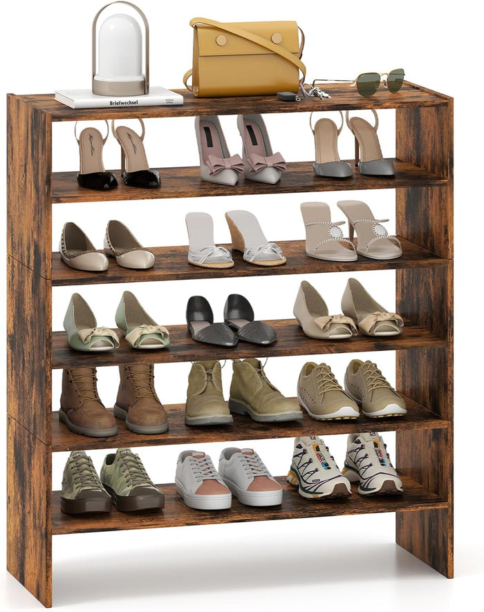 LDAILY 6-Tier Shoe Rack, Freestanding Stackable Shoe Organizer for 18 Pairs, Anti-Tipping Shoe Storage Shelf, 31’’ Wide Wood Shoe Rack for Closet, Door Entrance, Entryway, Living Room (Rustic Brown)
