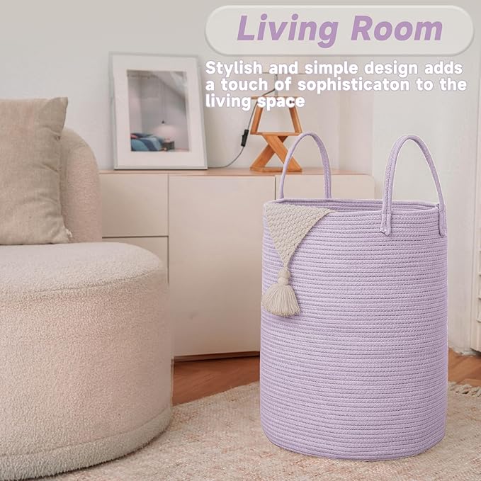 Large Woven Laundry Basket Hamper, 60L Cotton Rope Storage Bin - Image 3