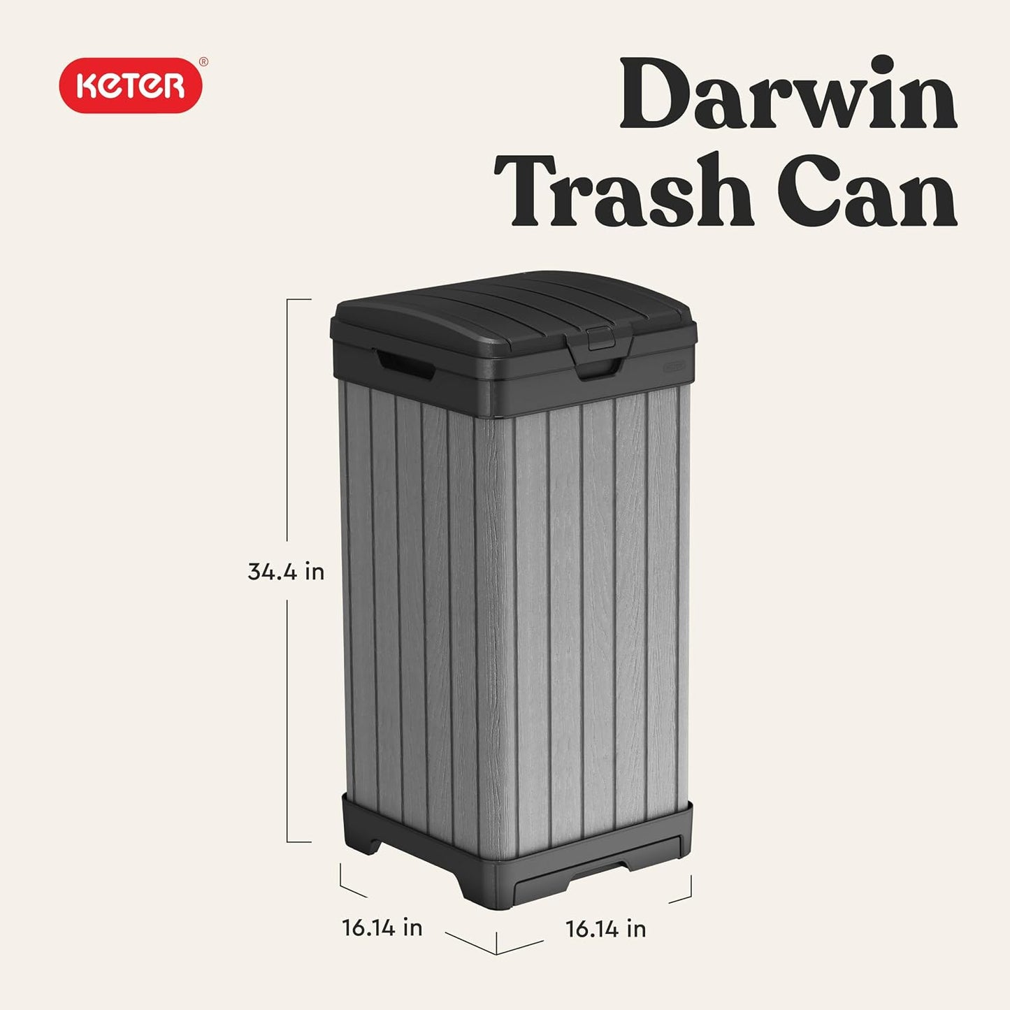 Keter Darwin Outdoor Trash Can, 38 Gallon Weather-Resistant Resin Waste Bin with Lid, Wood-Look Design for Patio, Deck, Porch & Backyard