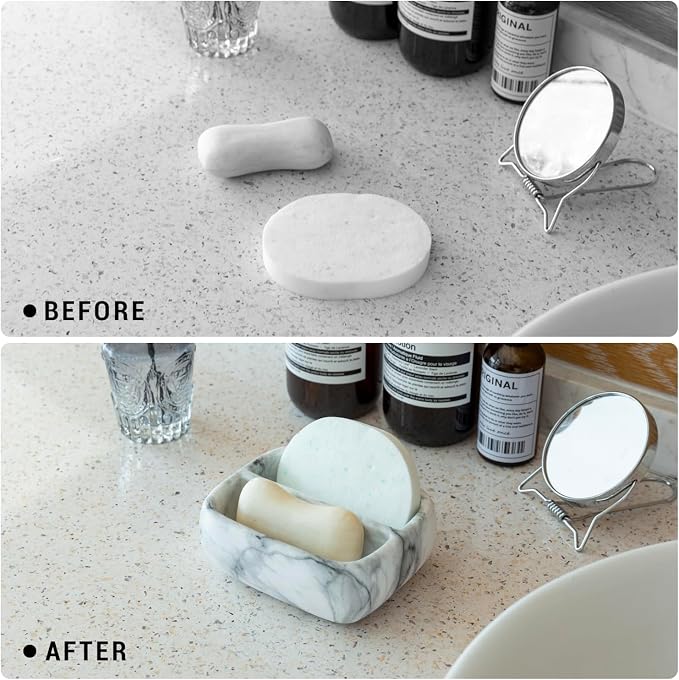 MyGift 5.4 Inch Deluxe Modern White Marble Pattern Resin Double Sponge Holder - Image 7