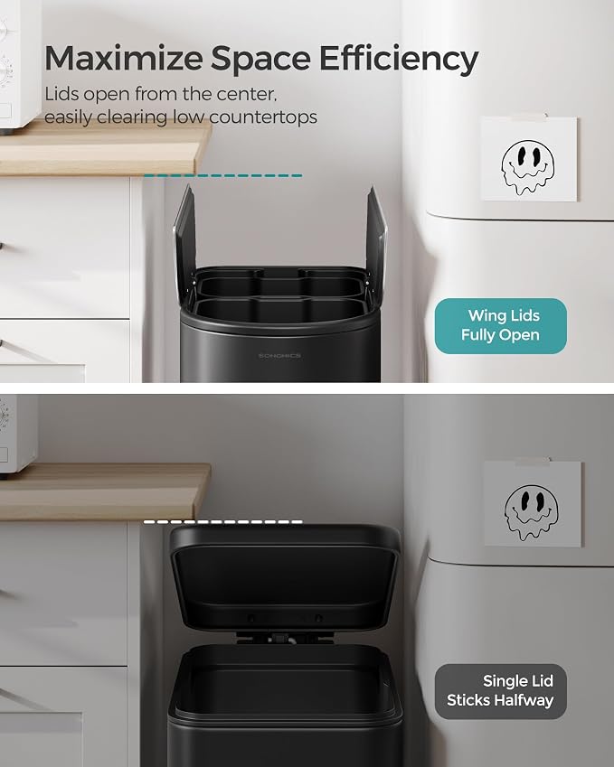 SONGMICS 13-Gallon Dual Kitchen Trash Can, 5.3 and 8 Gallon Compartments - Image 3