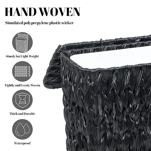 Black Wicker Trash Can with Lid and Liner, Waterproof Narrow Waste Basket - Image 5
